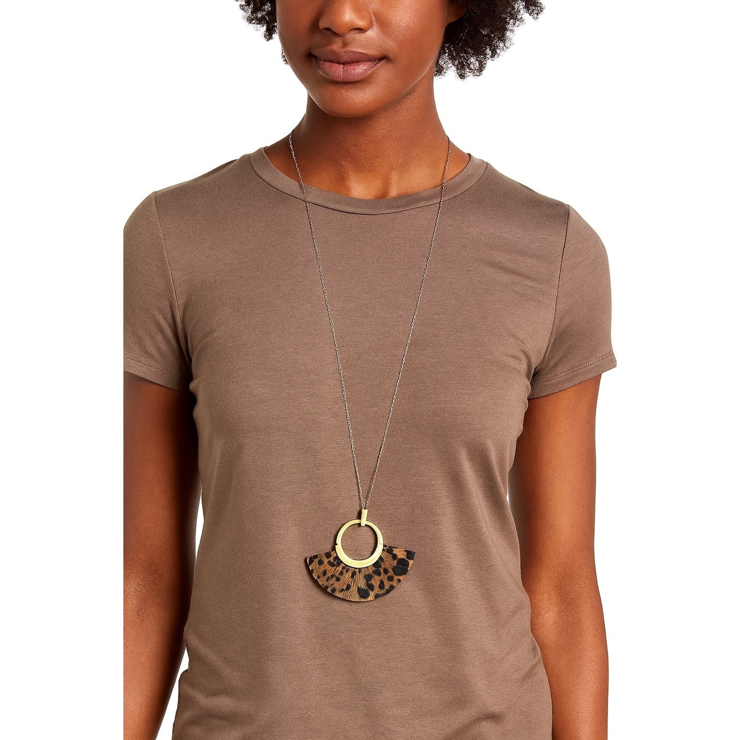 Gold-Tone Pendant Necklace – Leopard Print Fan Accent – 18” Chain