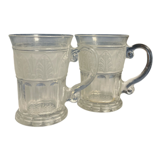 VTG Set of 2 Athens Glass Etched Leaf Mugs | Clear Pressed Glass Coffee Cups | 4.5" Tall | Made in USA | MCM Style