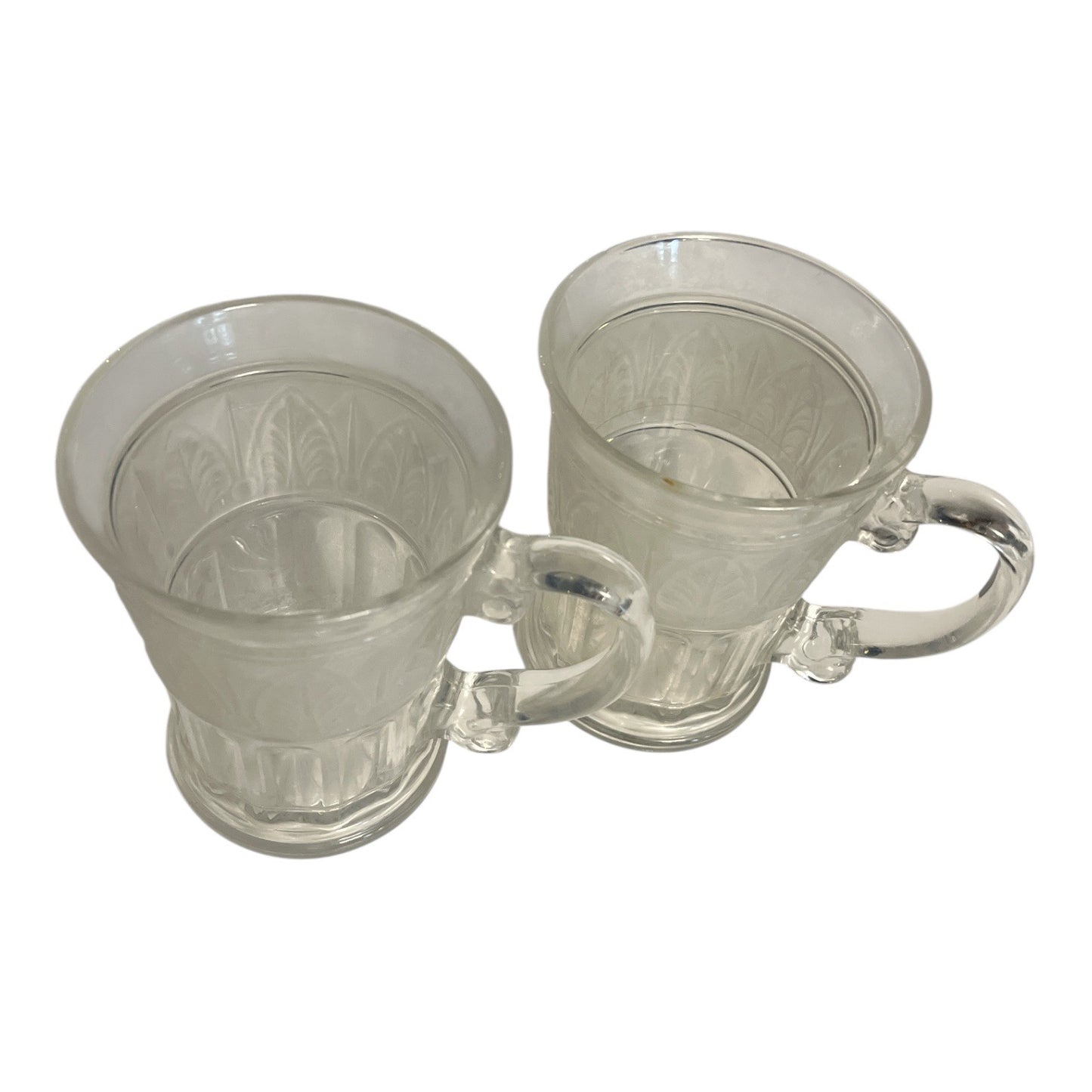 VTG Set of 2 Athens Glass Etched Leaf Mugs | Clear Pressed Glass Coffee Cups | 4.5" Tall | Made in USA | MCM Style
