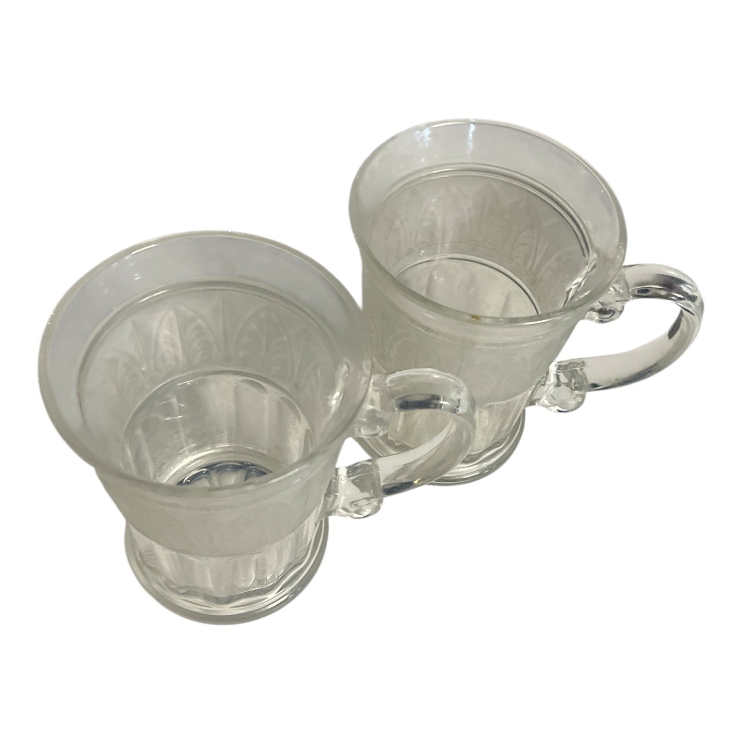 VTG Set of 2 Athens Glass Etched Leaf Mugs | Clear Pressed Glass Coffee Cups | 4.5" Tall | Made in USA | MCM Style