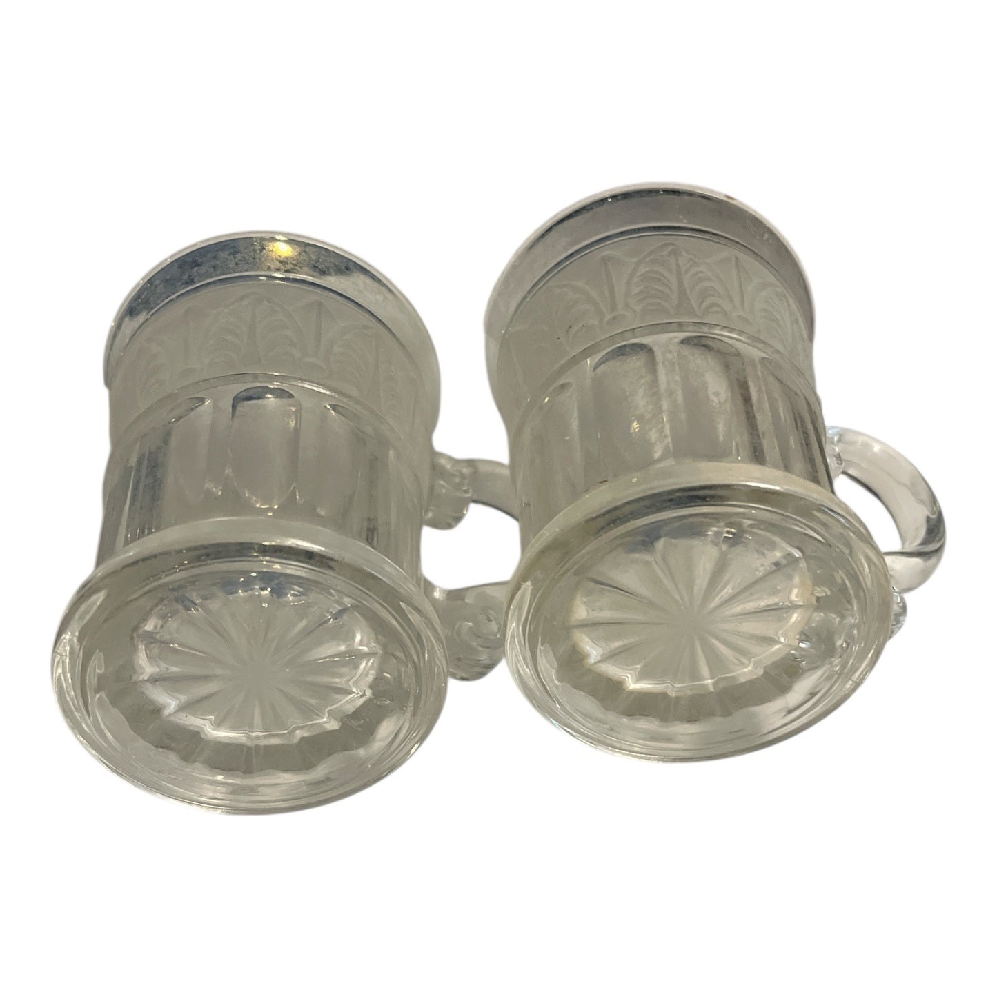 VTG Set of 2 Athens Glass Etched Leaf Mugs | Clear Pressed Glass Coffee Cups | 4.5" Tall | Made in USA | MCM Style