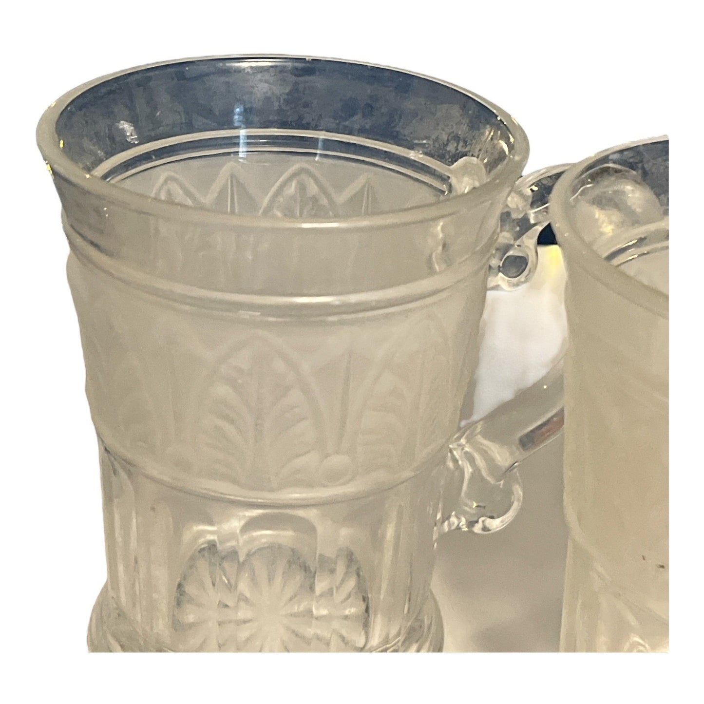 VTG Set of 2 Athens Glass Etched Leaf Mugs | Clear Pressed Glass Coffee Cups | 4.5" Tall | Made in USA | MCM Style
