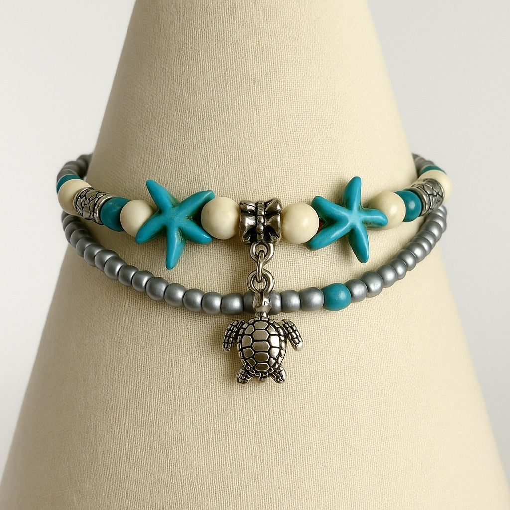 Starfish and Turtle Beaded Bracelet – Silver, Turquoise, and Ivory Beads – Beach Boho Layered Style