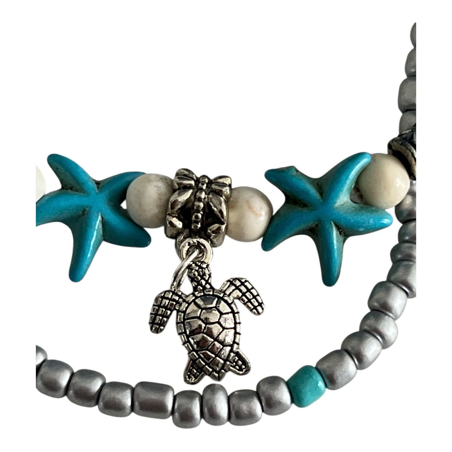 Starfish and Turtle Beaded Bracelet – Silver, Turquoise, and Ivory Beads – Beach Boho Layered Style