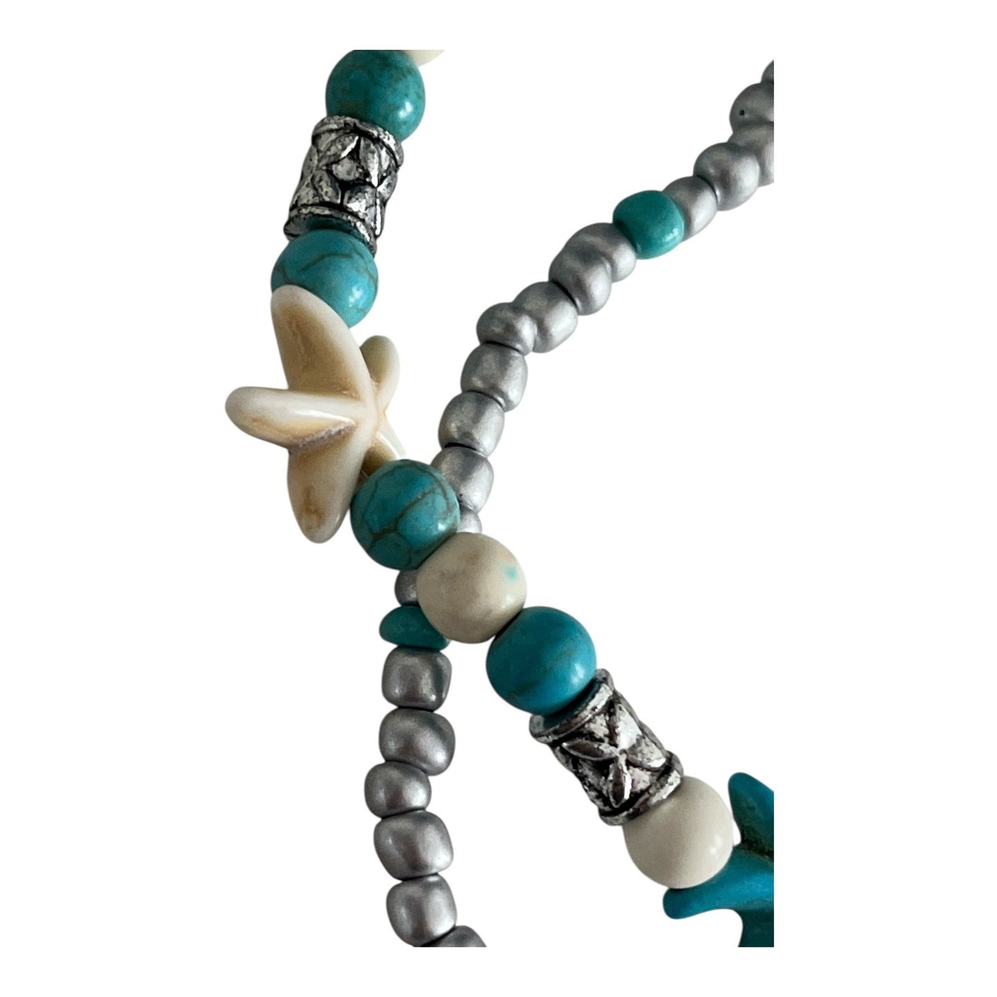 Starfish and Turtle Beaded Bracelet – Silver, Turquoise, and Ivory Beads – Beach Boho Layered Style