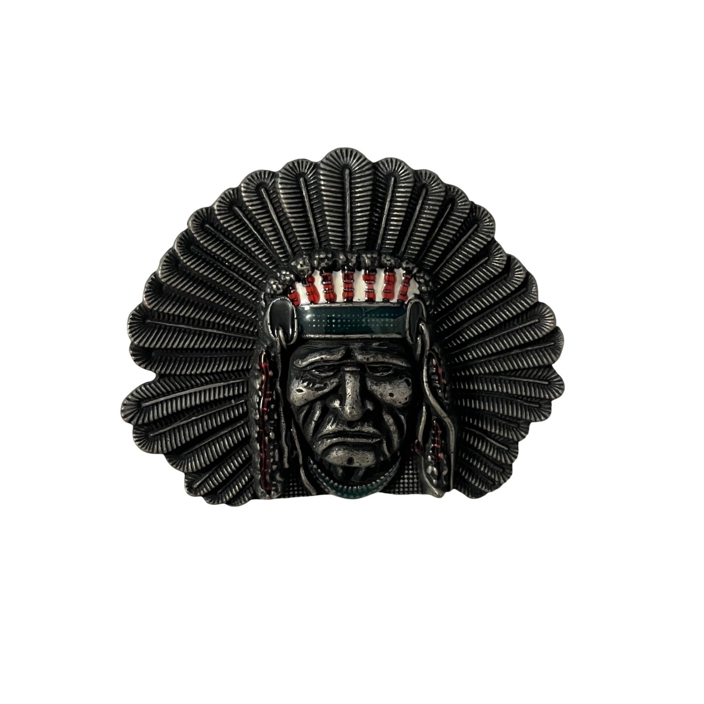 Vintage Western Belt Buckle Native American Chief Headdress Silver Tone Southwestern Boho