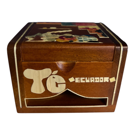 Handcrafted Wood Tea Box – Ecuador Inlaid Design – “Té” Storage – Colorful Marquetry – 3.5 x 2.75 x 3"