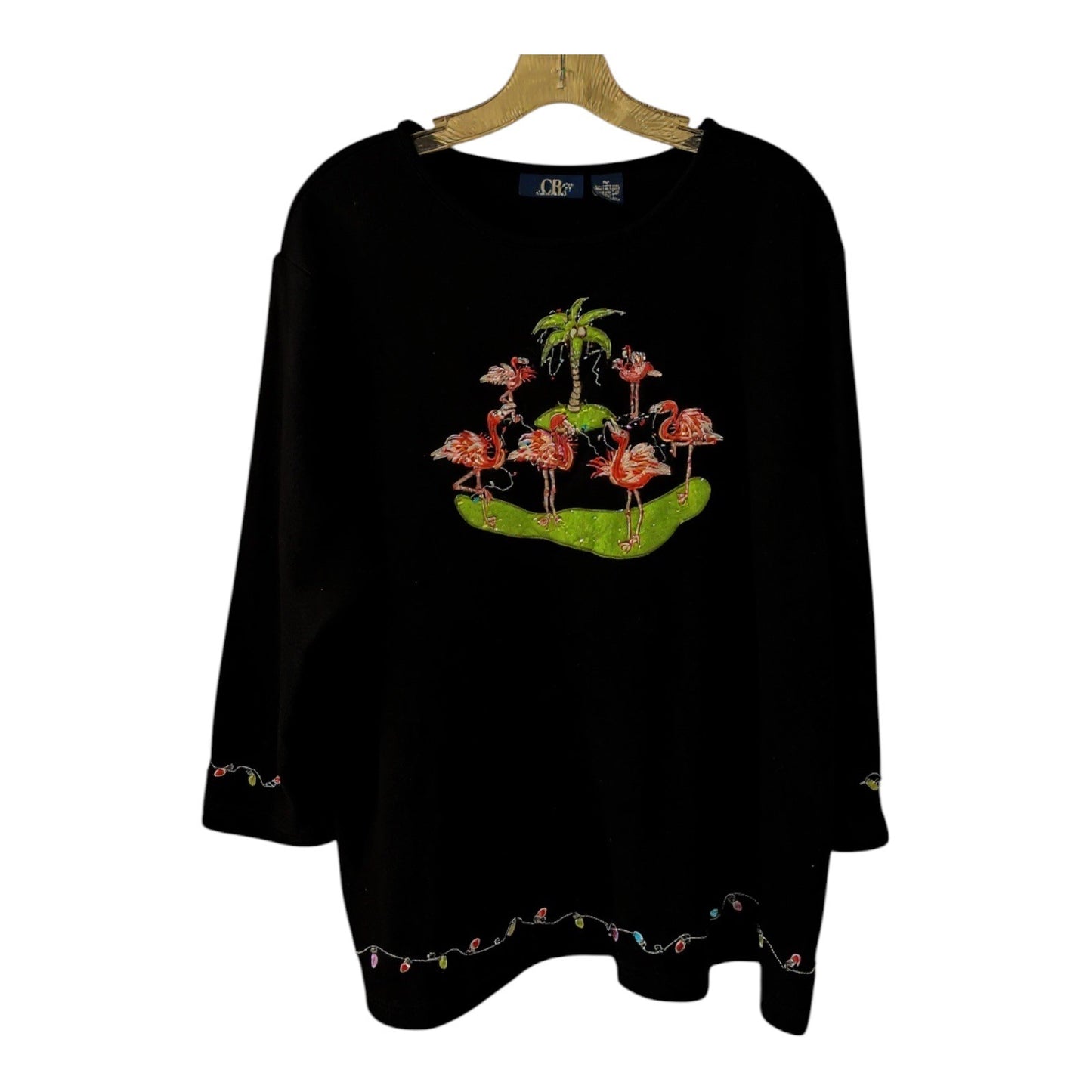 CB Plus C.B. Casual Women’s 1X Flamingo Island Holiday Embroidered Black Top