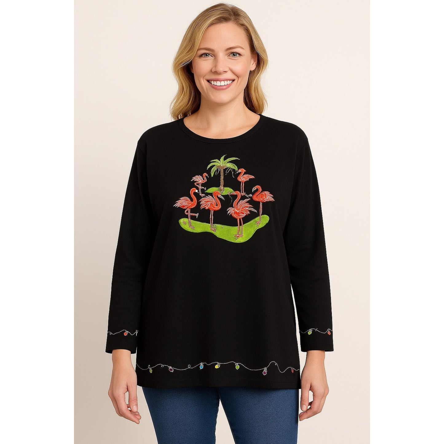CB Plus C.B. Casual Women’s 1X Flamingo Island Holiday Embroidered Black Top