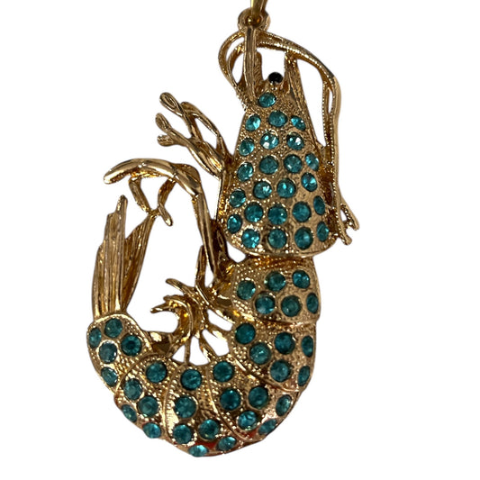 Betsey Johnson Crawfish Shrimp Pendant Necklace Y2K Gold Tone Teal Rhinestones