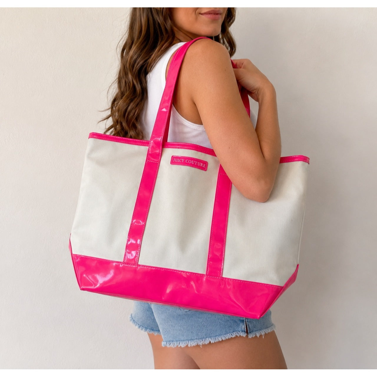 Juicy Couture Hot Pink White Canvas Vinyl Tote Bag Large Beach Pool Travel Shopper Y2K