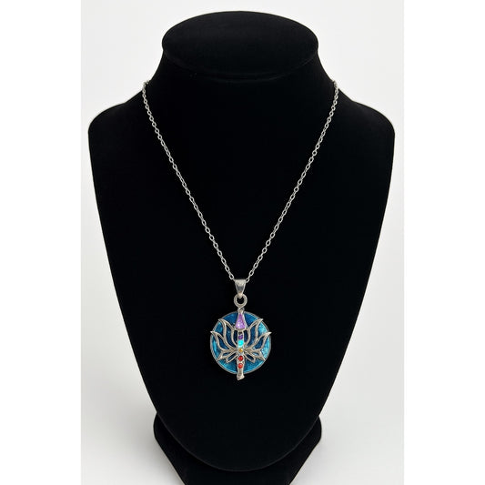Early 2000s Lotus Chakra Pendant Necklace – Silver Tone with Iridescent Blue Enamel Background