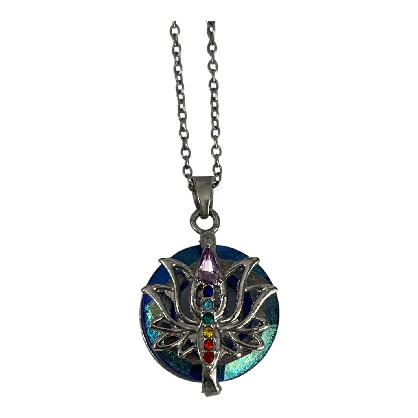 Early 2000s Lotus Chakra Pendant Necklace – Silver Tone with Iridescent Blue Enamel Background