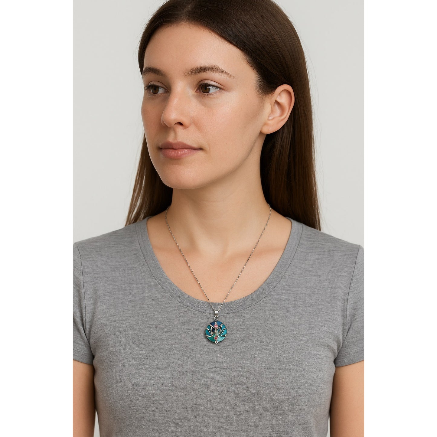 Early 2000s Lotus Chakra Pendant Necklace – Silver Tone with Iridescent Blue Enamel Background