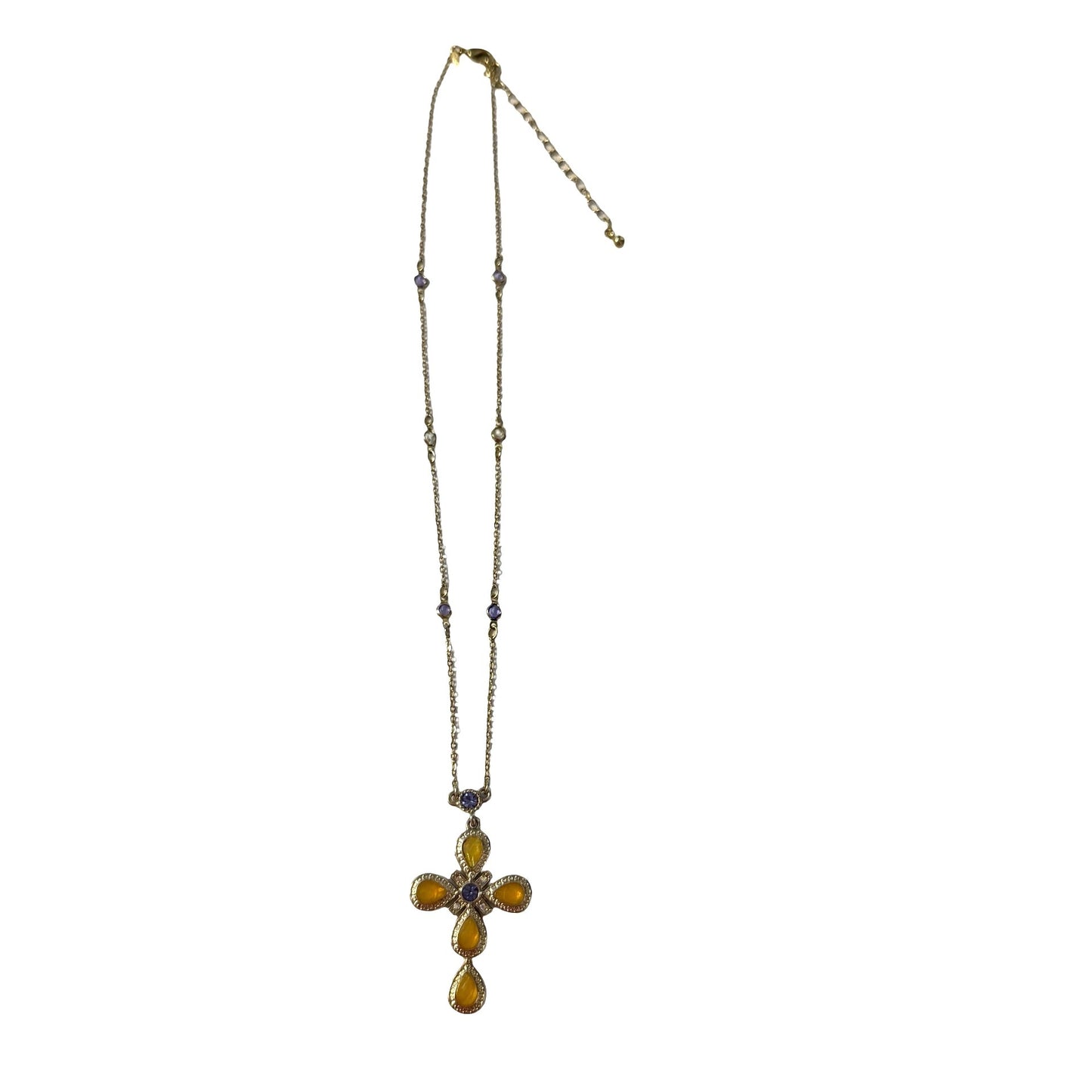 Vintage Avon Gold Tone Cross Pendant Necklace Yellow Cabochon Purple Rhinestones 18"