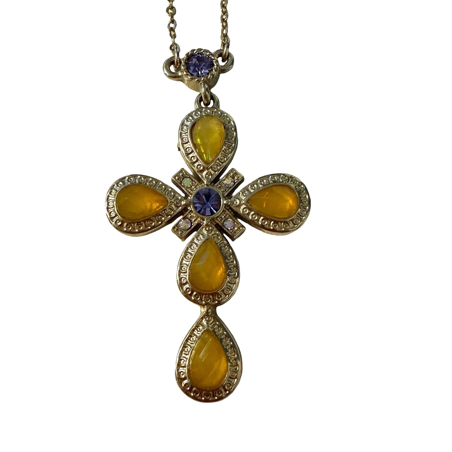 Vintage Avon Gold Tone Cross Pendant Necklace Yellow Cabochon Purple Rhinestones 18"