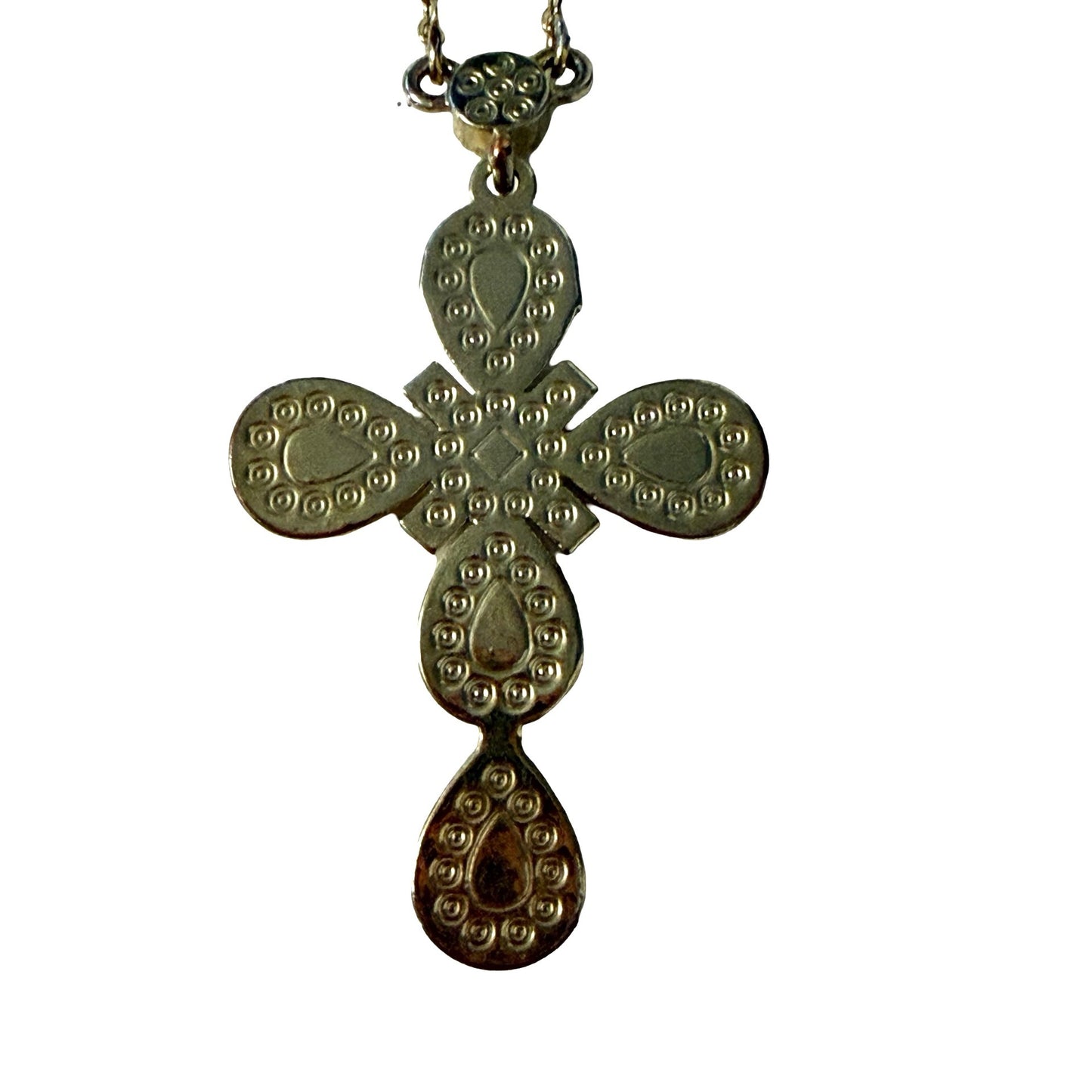 Vintage Avon Gold Tone Cross Pendant Necklace Yellow Cabochon Purple Rhinestones 18"