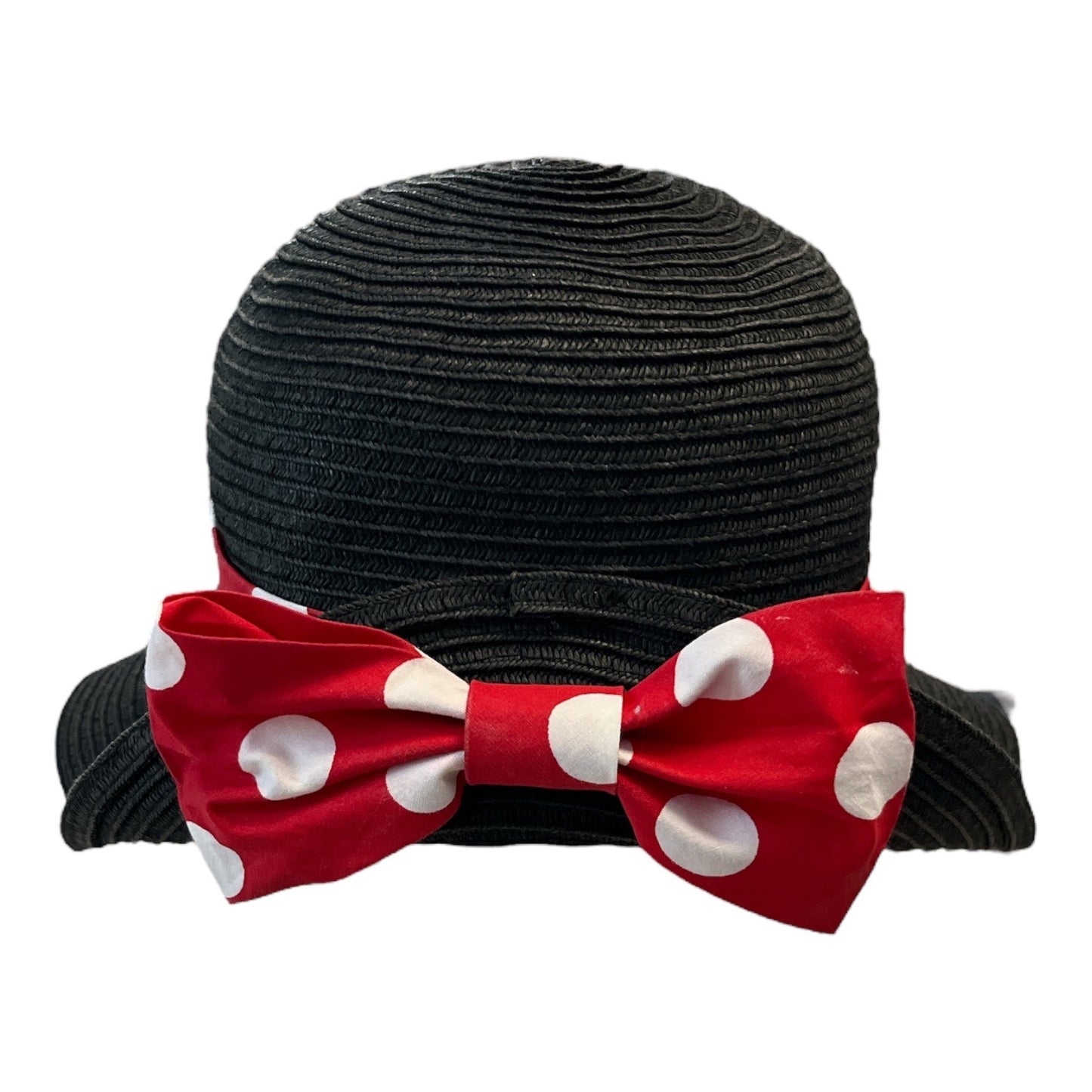Disney Minnie Mouse Black Straw Hat with Polka Dot Bow – Red & White Band – Embroidered Logo