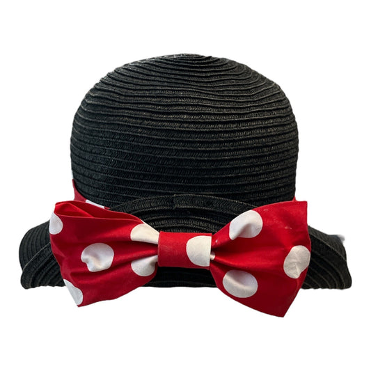 Disney Minnie Mouse Black Straw Hat with Polka Dot Bow – Red & White Band – Embroidered Logo