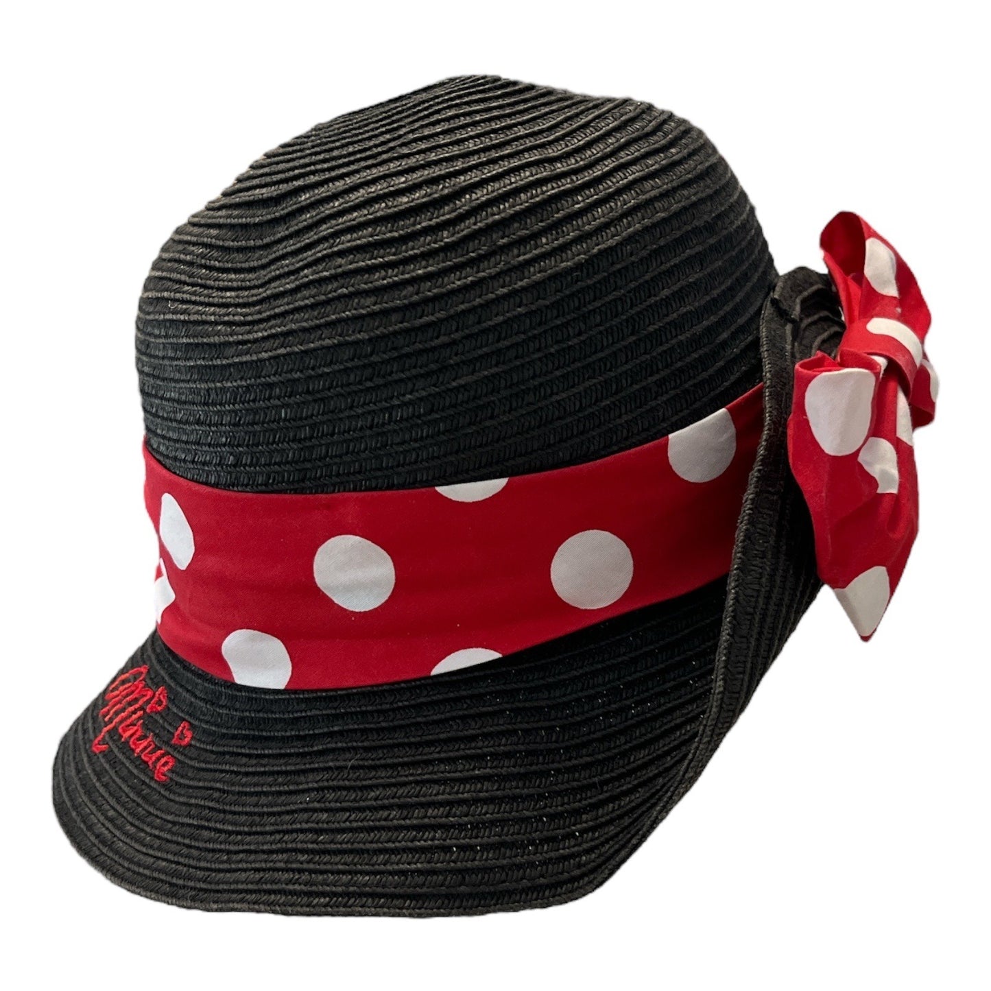 Disney Minnie Mouse Black Straw Hat with Polka Dot Bow – Red & White Band – Embroidered Logo
