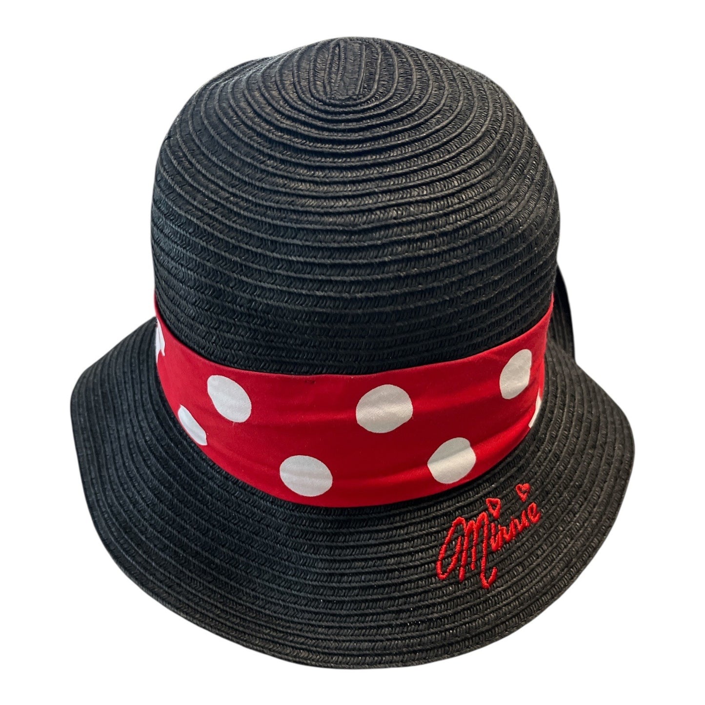 Disney Minnie Mouse Black Straw Hat with Polka Dot Bow – Red & White Band – Embroidered Logo