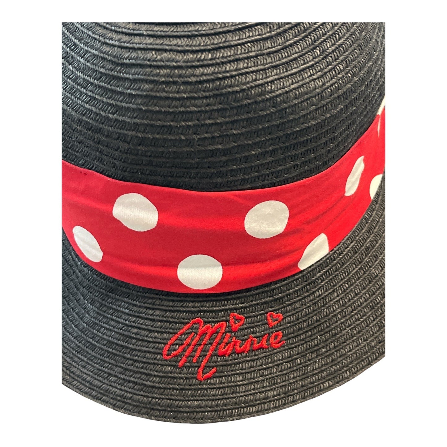Disney Minnie Mouse Black Straw Hat with Polka Dot Bow – Red & White Band – Embroidered Logo