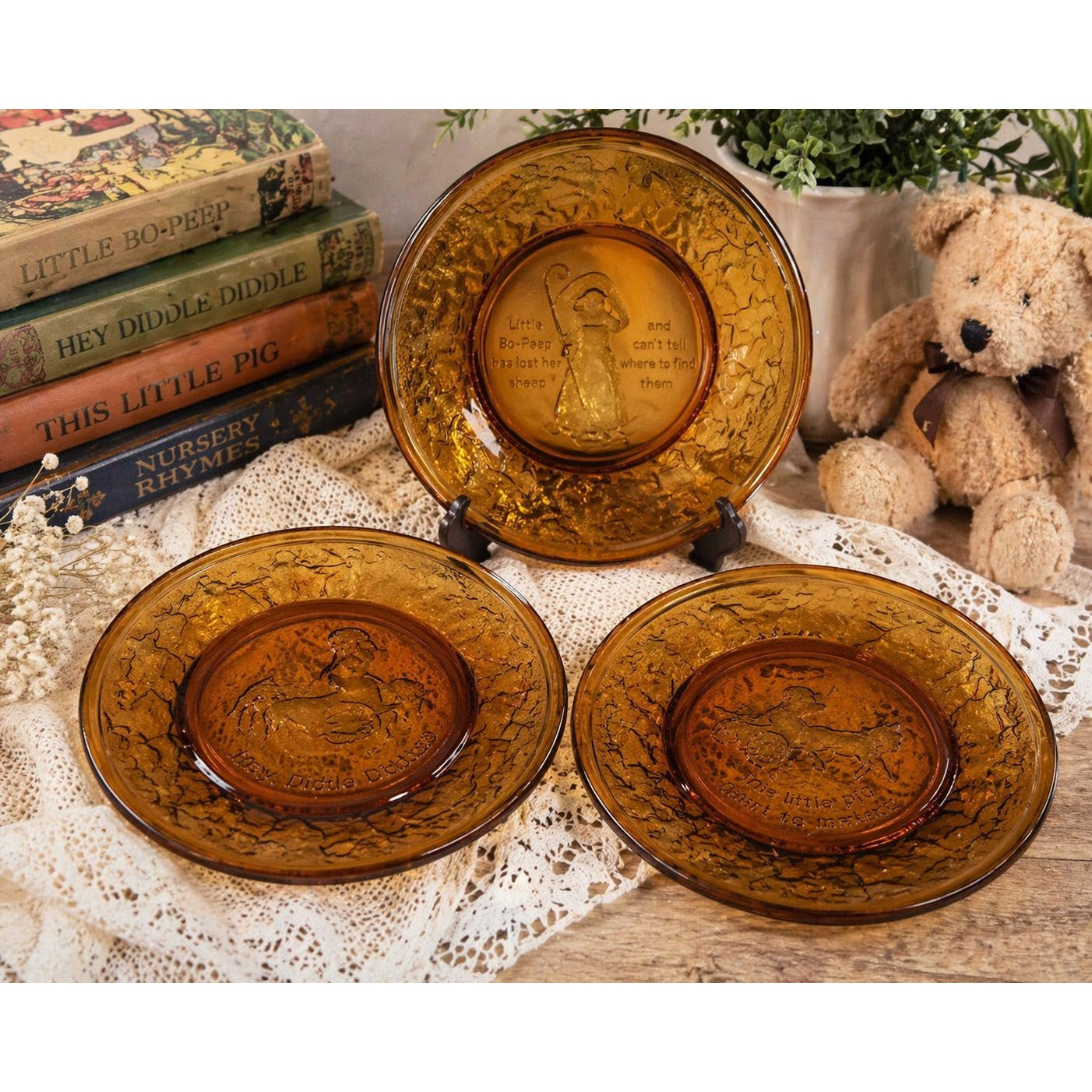 Vintage Indiana Glass Amber Nursery Rhyme Plates Set of 3 Little Bo Peep Hey Diddle Diddle Pig