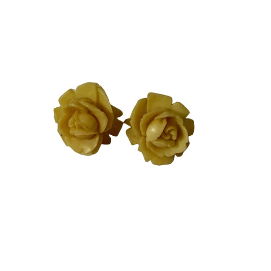 Vintage Carved Rose Stud Earrings Ivory Color Floral Costume Jewelry
