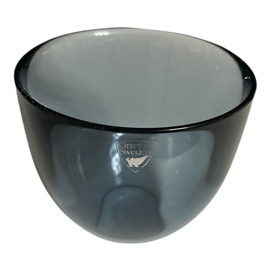 Signed Orrefors Sweden Art Glass Bowl – Smoke Blue Crystal, 3.5" x 3", Scandinavian Modern, 1970s–1980s