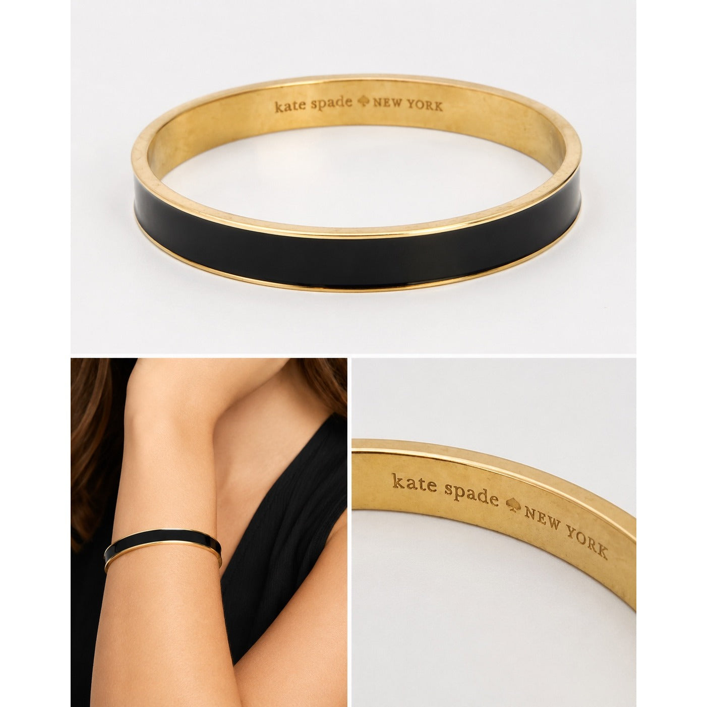 Kate Spade New York Black Enamel Gold Tone Bangle Bracelet 3"