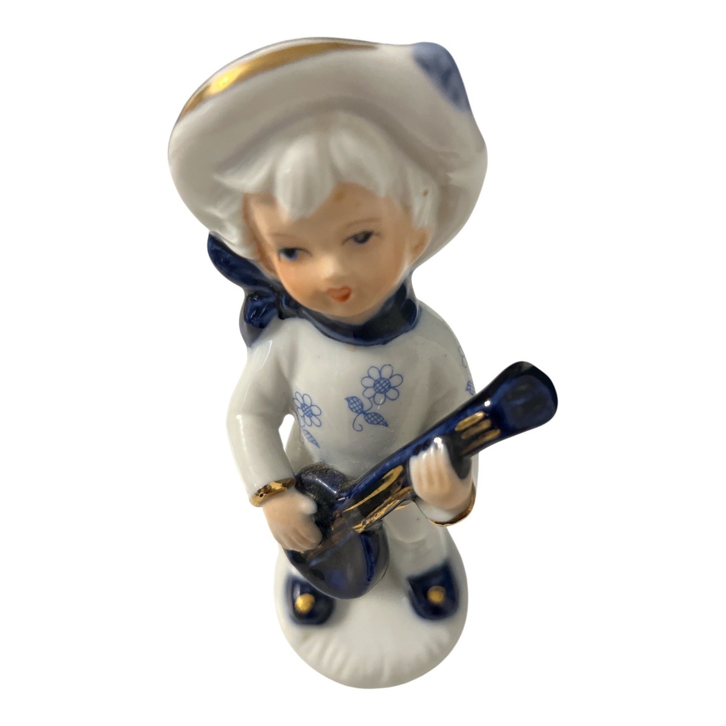 Vintage Enesco Porcelain Figurine Boy With Guitar 1980 Blue White Gold Trim