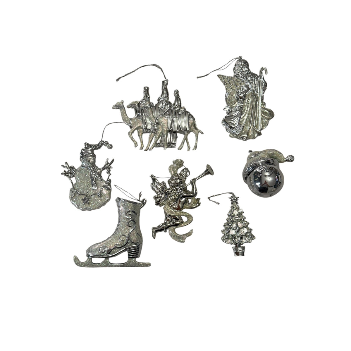 Retired Roman Silver Glitter Christmas Ornaments Lot of 7 Large 4-6 Inch