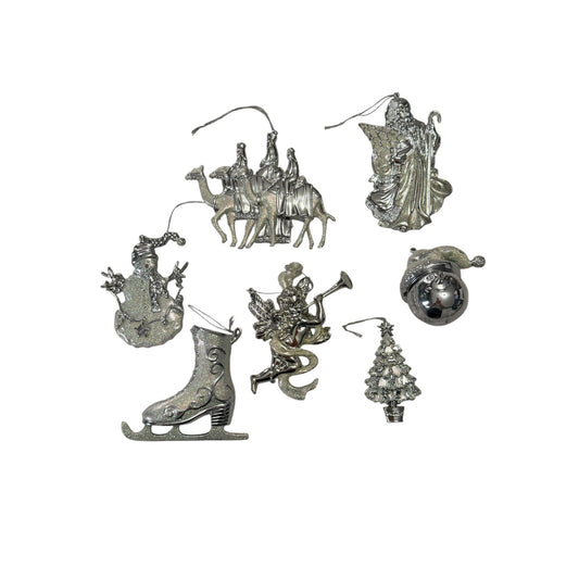 Retired Roman Silver Glitter Christmas Ornaments Lot of 7 Large 4-6 Inch