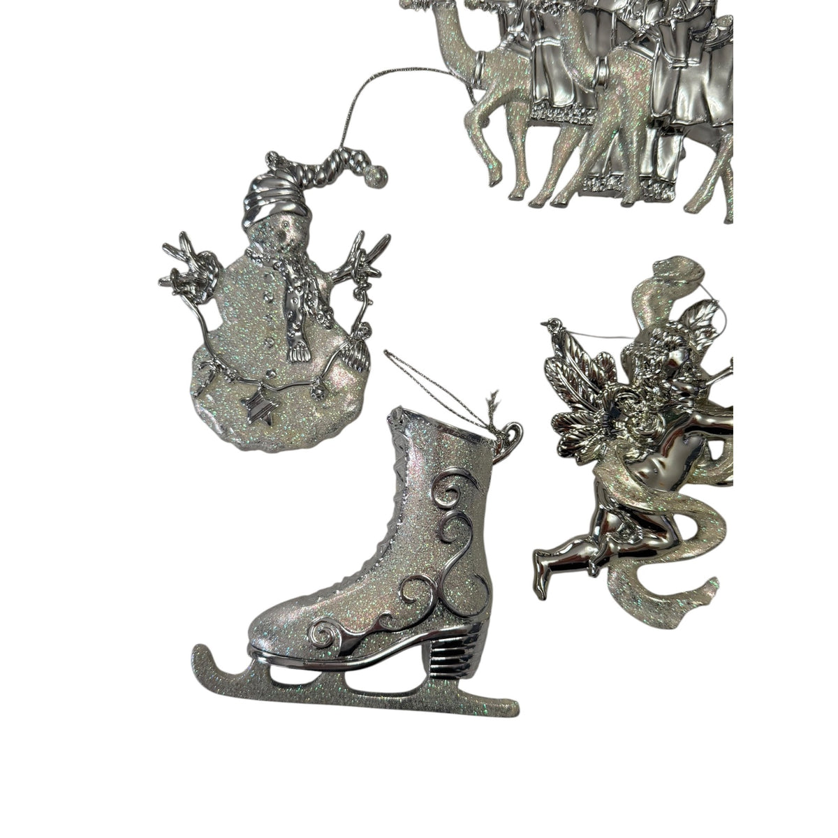 Retired Roman Silver Glitter Christmas Ornaments Lot of 7 Large 4-6 Inch