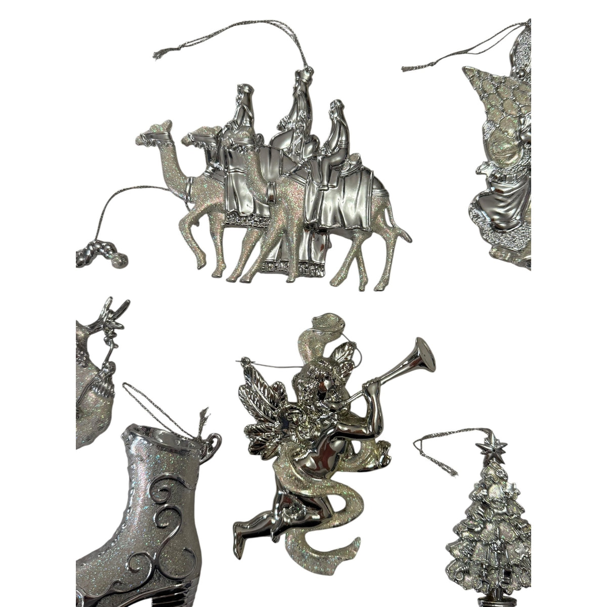 Retired Roman Silver Glitter Christmas Ornaments Lot of 7 Large 4-6 Inch