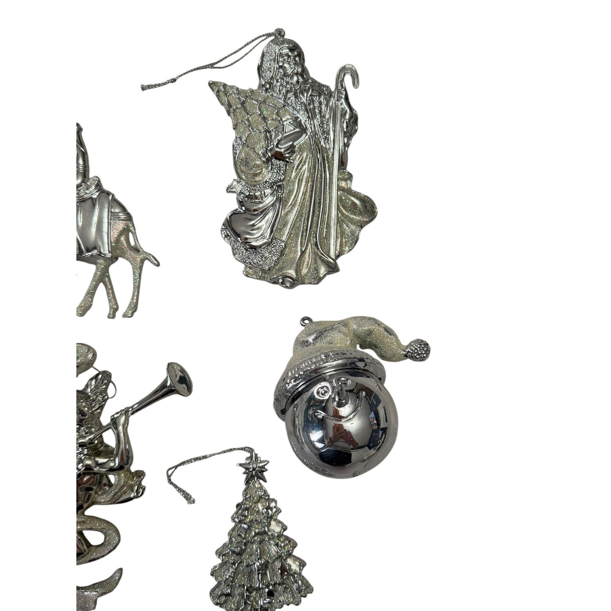 Retired Roman Silver Glitter Christmas Ornaments Lot of 7 Large 4-6 Inch