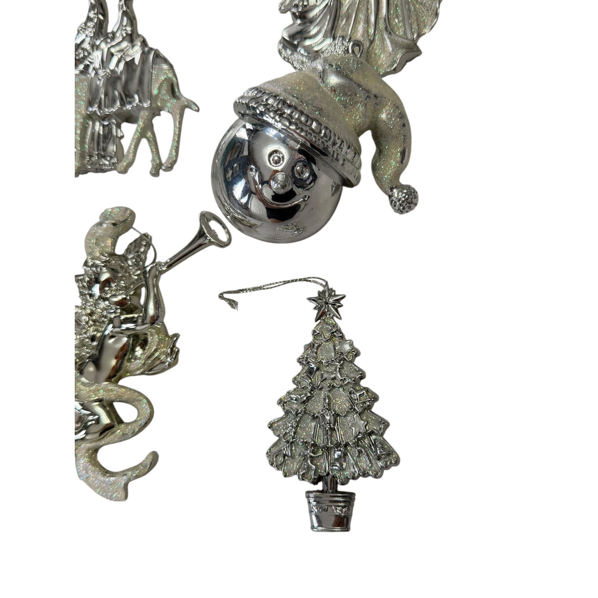Retired Roman Silver Glitter Christmas Ornaments Lot of 7 Large 4-6 Inch