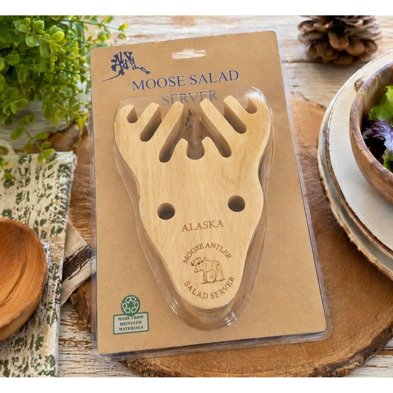 Alaska Moose Salad Server Wooden Utensil Antler Shape Novelty Kitchen Tool