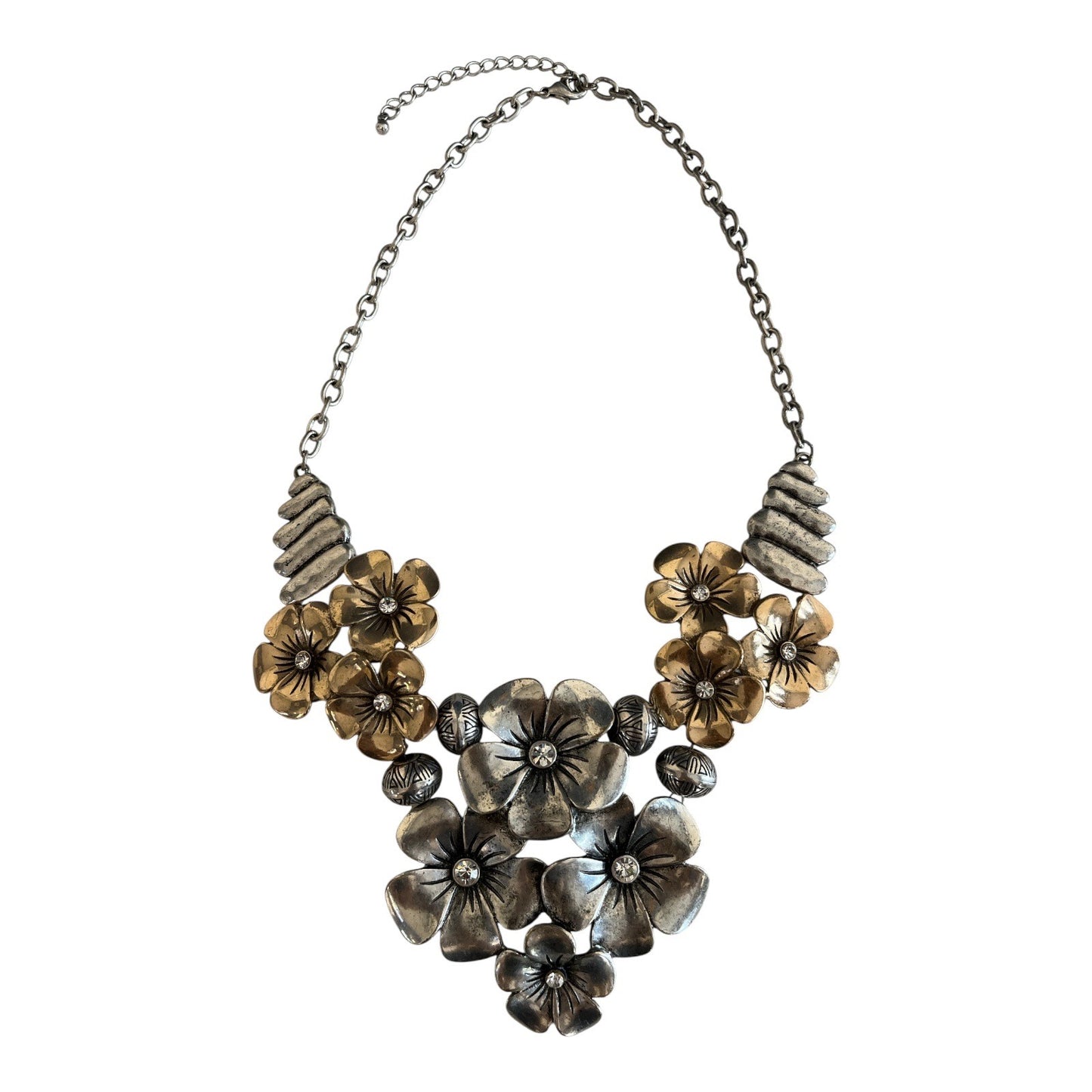 Vtg Statement Floral Necklace – Mixed Metal Flowers with Rhinestone Centers, Adjustable 10”+ Drop