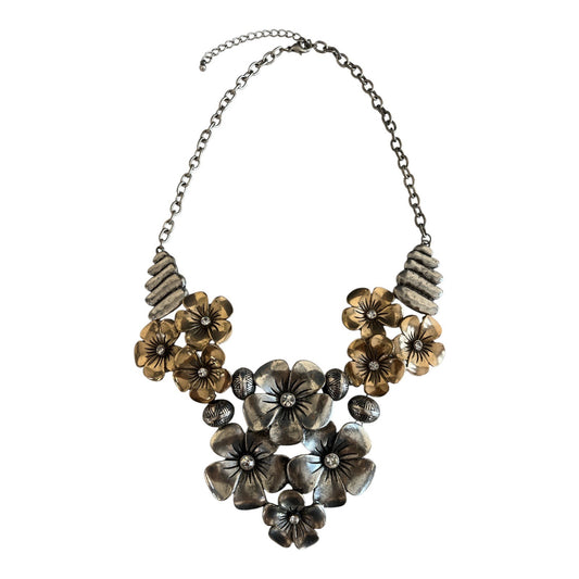 Vtg Statement Floral Necklace – Mixed Metal Flowers with Rhinestone Centers, Adjustable 10”+ Drop