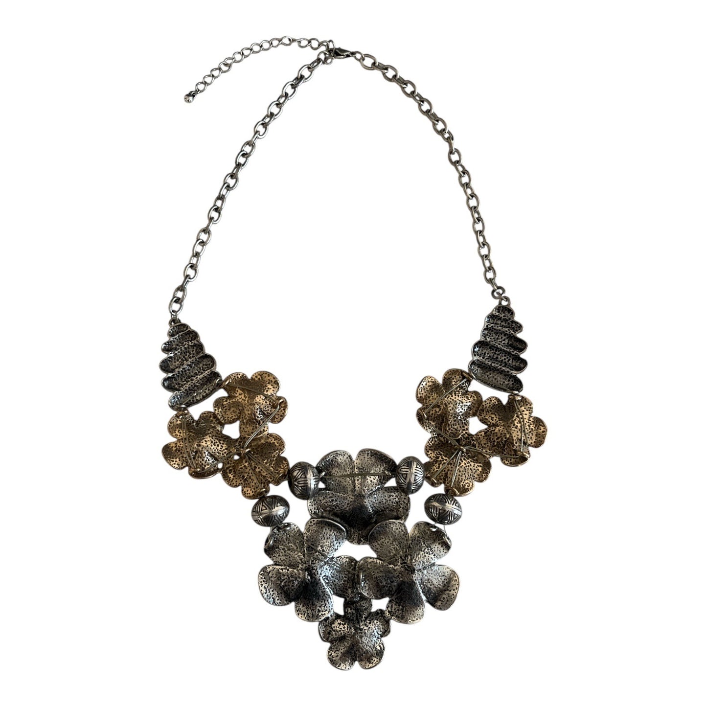 Vtg Statement Floral Necklace – Mixed Metal Flowers with Rhinestone Centers, Adjustable 10”+ Drop