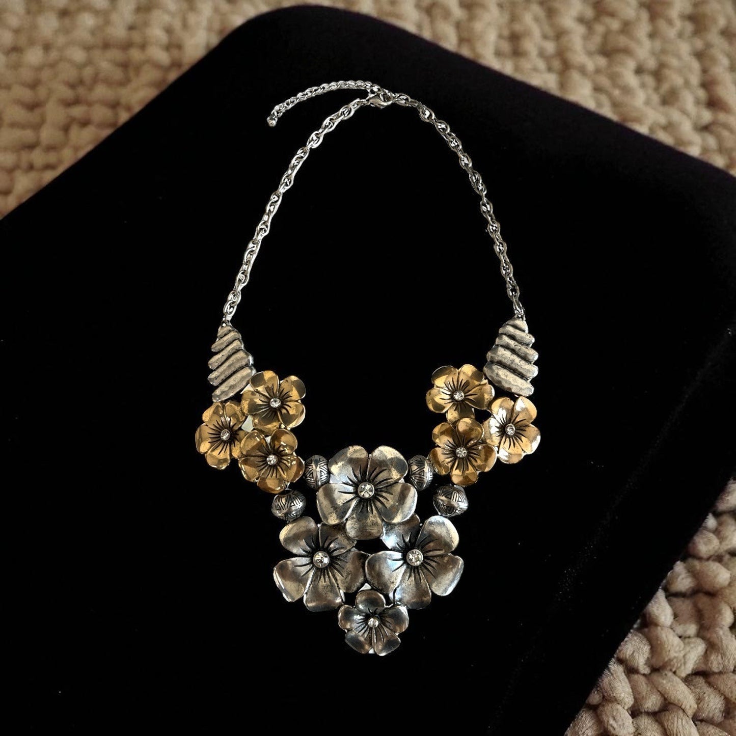 Vtg Statement Floral Necklace – Mixed Metal Flowers with Rhinestone Centers, Adjustable 10”+ Drop