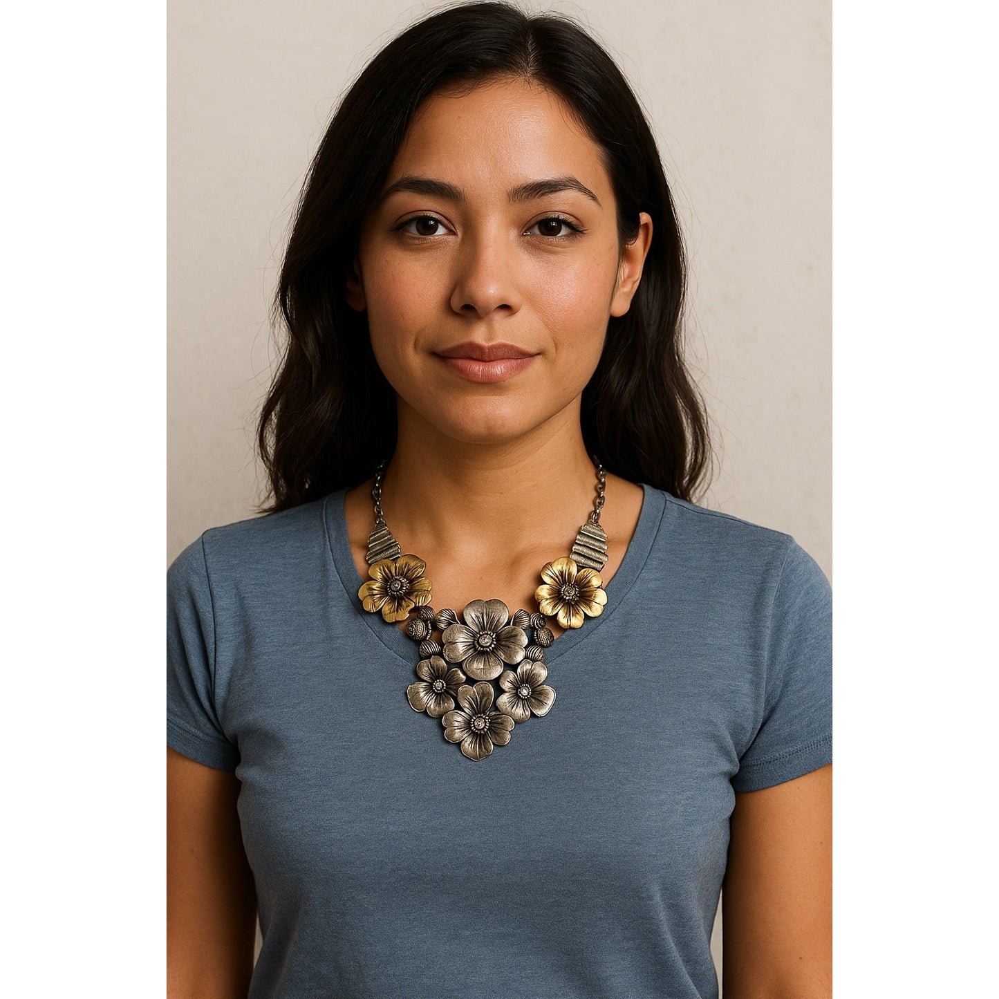 Vtg Statement Floral Necklace – Mixed Metal Flowers with Rhinestone Centers, Adjustable 10”+ Drop