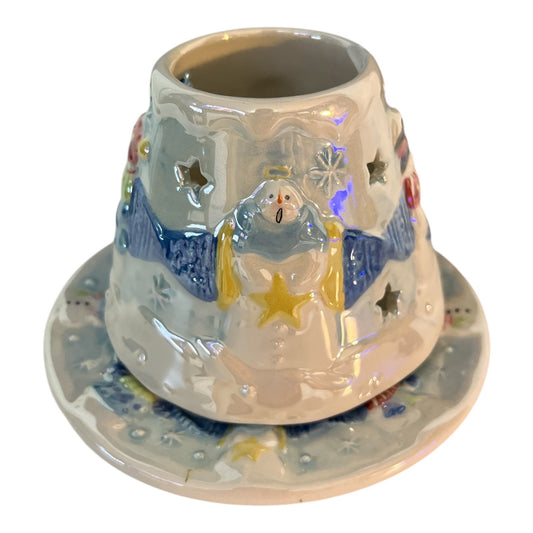 Vtg Yankee Candle 2001 Nancye Williams Snowman Angel Ceramic Luminary w/ Plate – CHIP