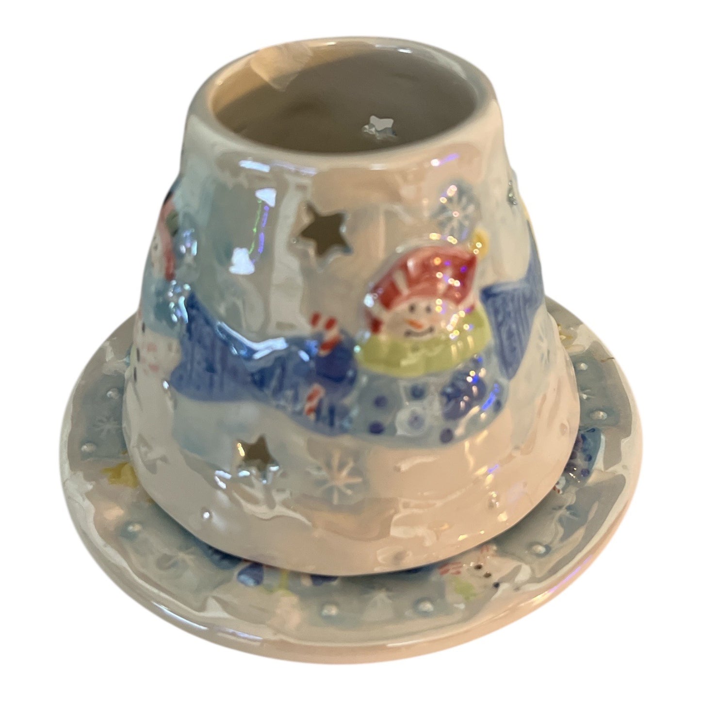 Vtg Yankee Candle 2001 Nancye Williams Snowman Angel Ceramic Luminary w/ Plate – CHIP