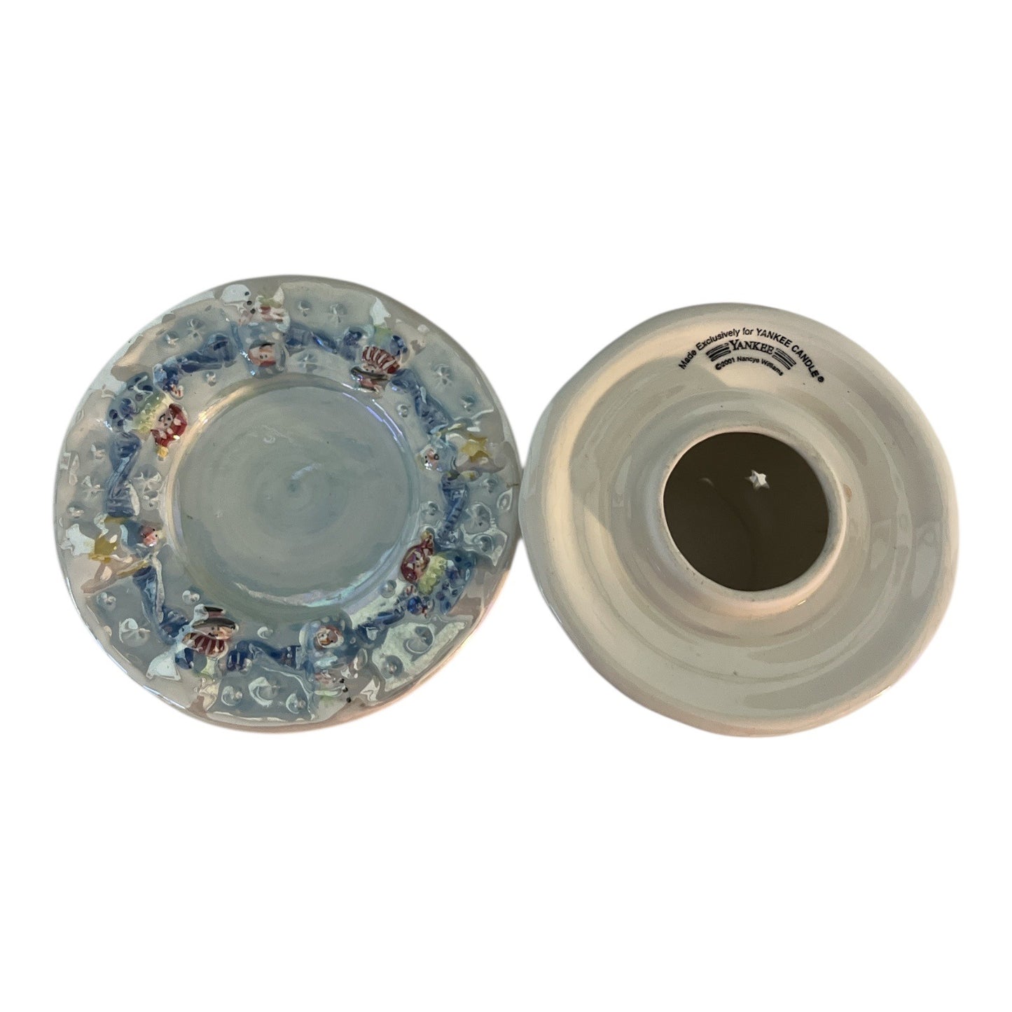 Vtg Yankee Candle 2001 Nancye Williams Snowman Angel Ceramic Luminary w/ Plate – CHIP