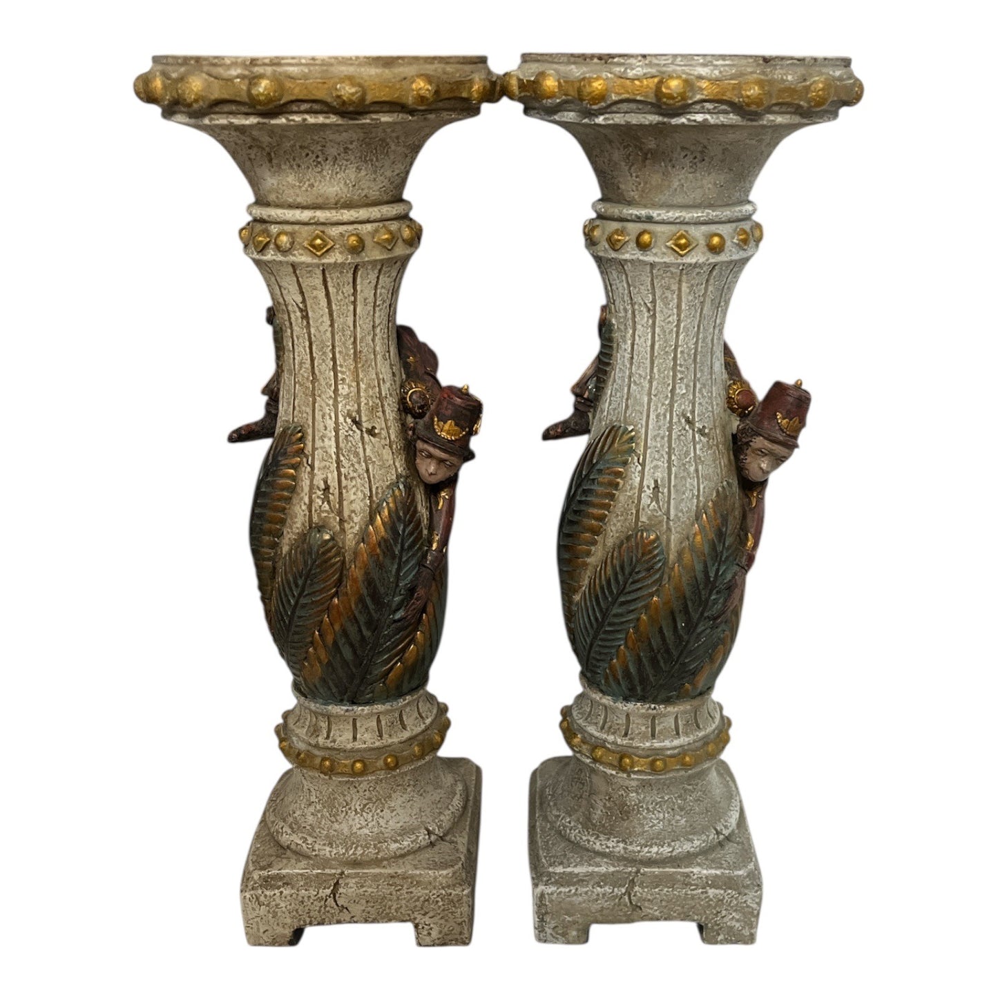 Pair of Vintage Monkey Candle Holders – Polystone Resin, Hand-Painted Pedestals, Jungle Theme