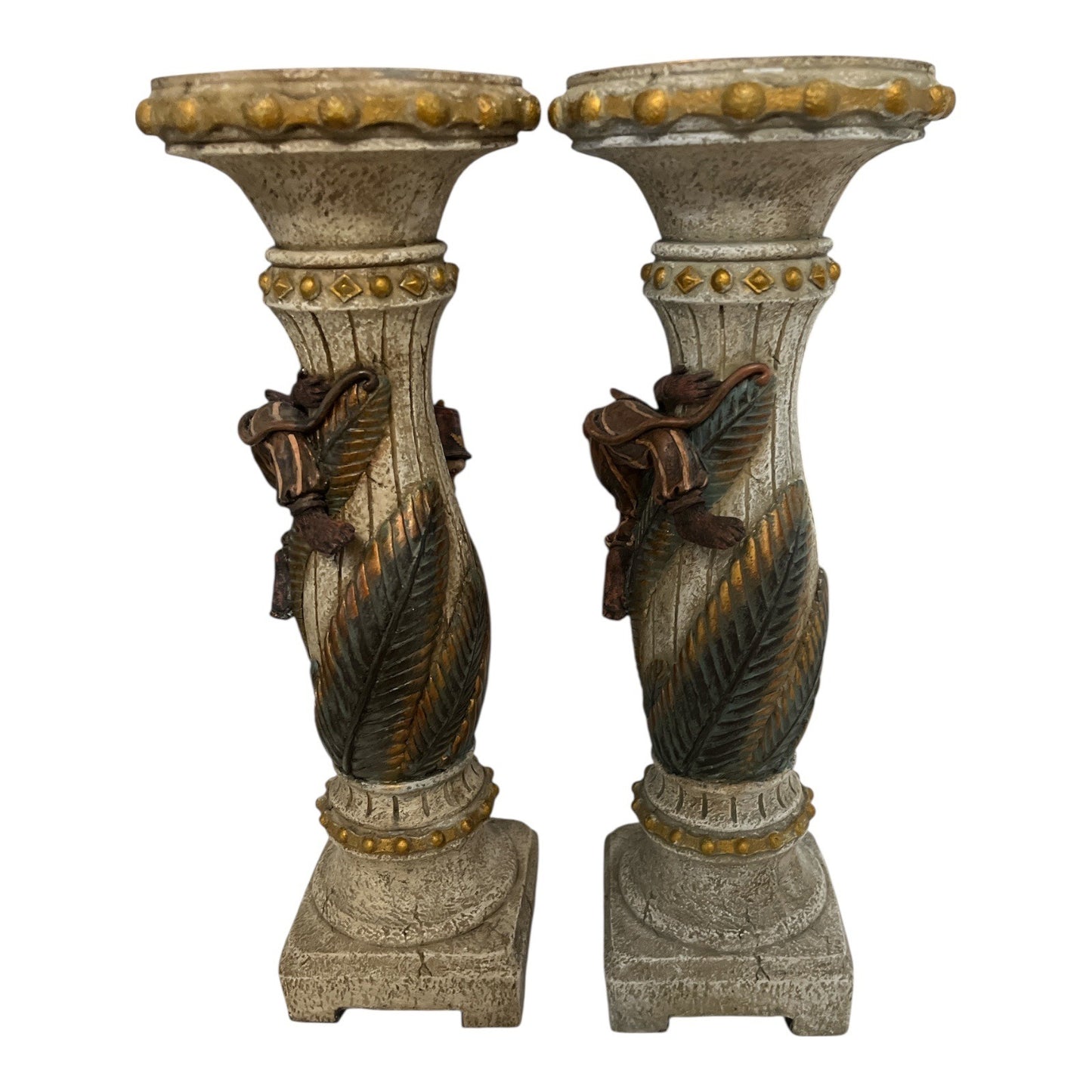Pair of Vintage Monkey Candle Holders – Polystone Resin, Hand-Painted Pedestals, Jungle Theme