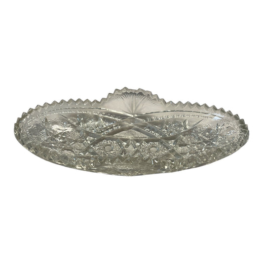 Antique McKee Pres Cut Glass Oval Bowl Hobstar Pattern Sawtooth - Damage