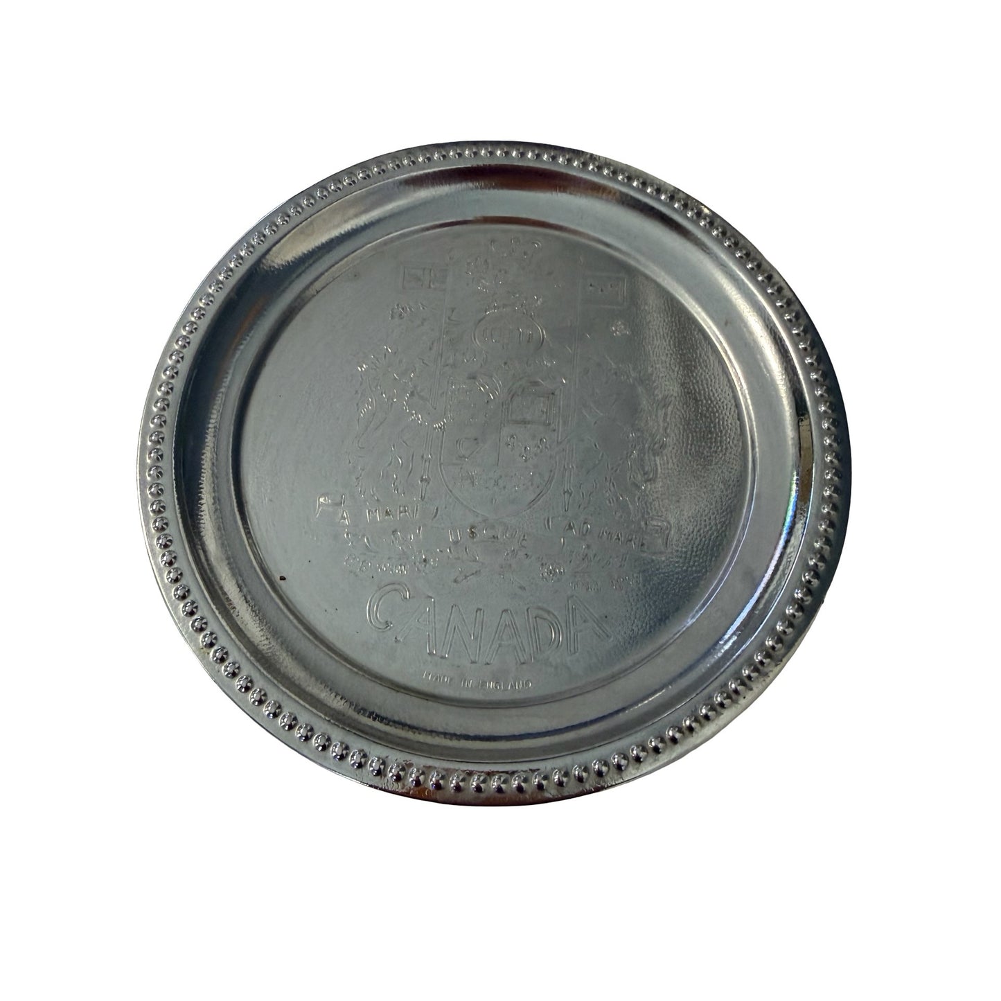 Vintage Canada Souvenir Silver Tone Tray A Mari Usque Ad Mare Coat of Arms Made in England